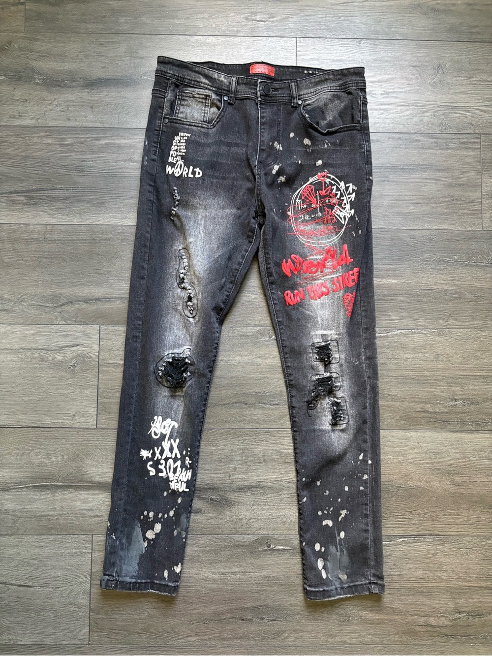 Bleecker & Mercer Mens Black Distressed Slim Skinny Fit Jeans Graffiti 34/30**